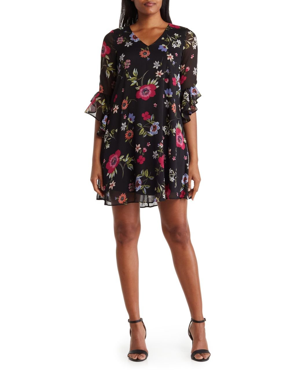Calvin Klein Chiffon Floral Bell Sleeve Trapeze Dress in Black | Lyst