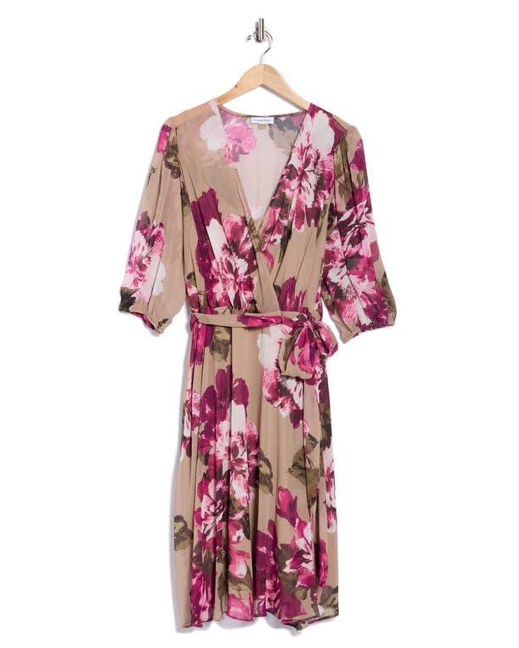Calvin Klein Floral Chiffon Faux Wrap Dress in Red | Lyst