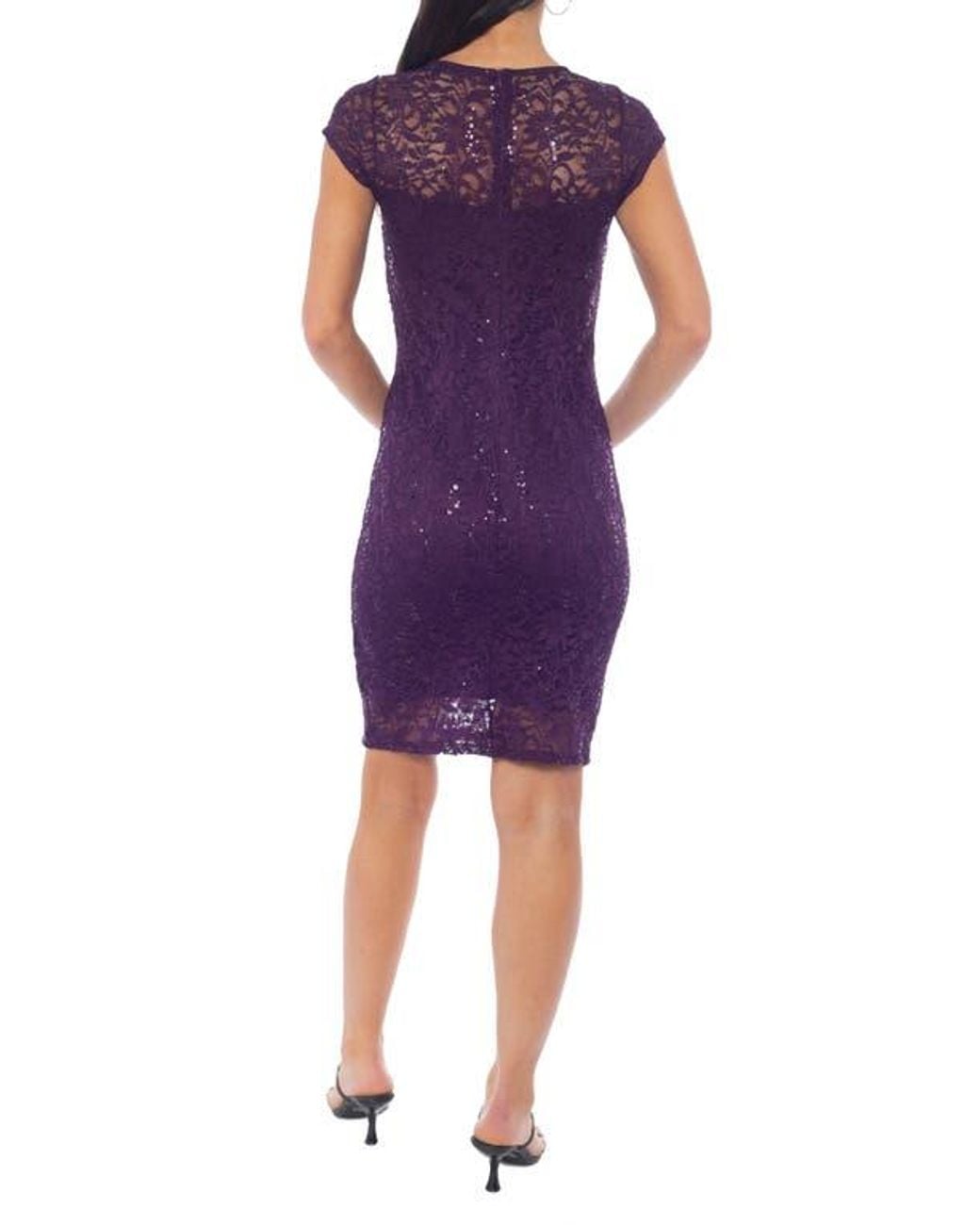 Marina Sequin Lace Cap Sleeve Sheath Dress in Purple | Lyst