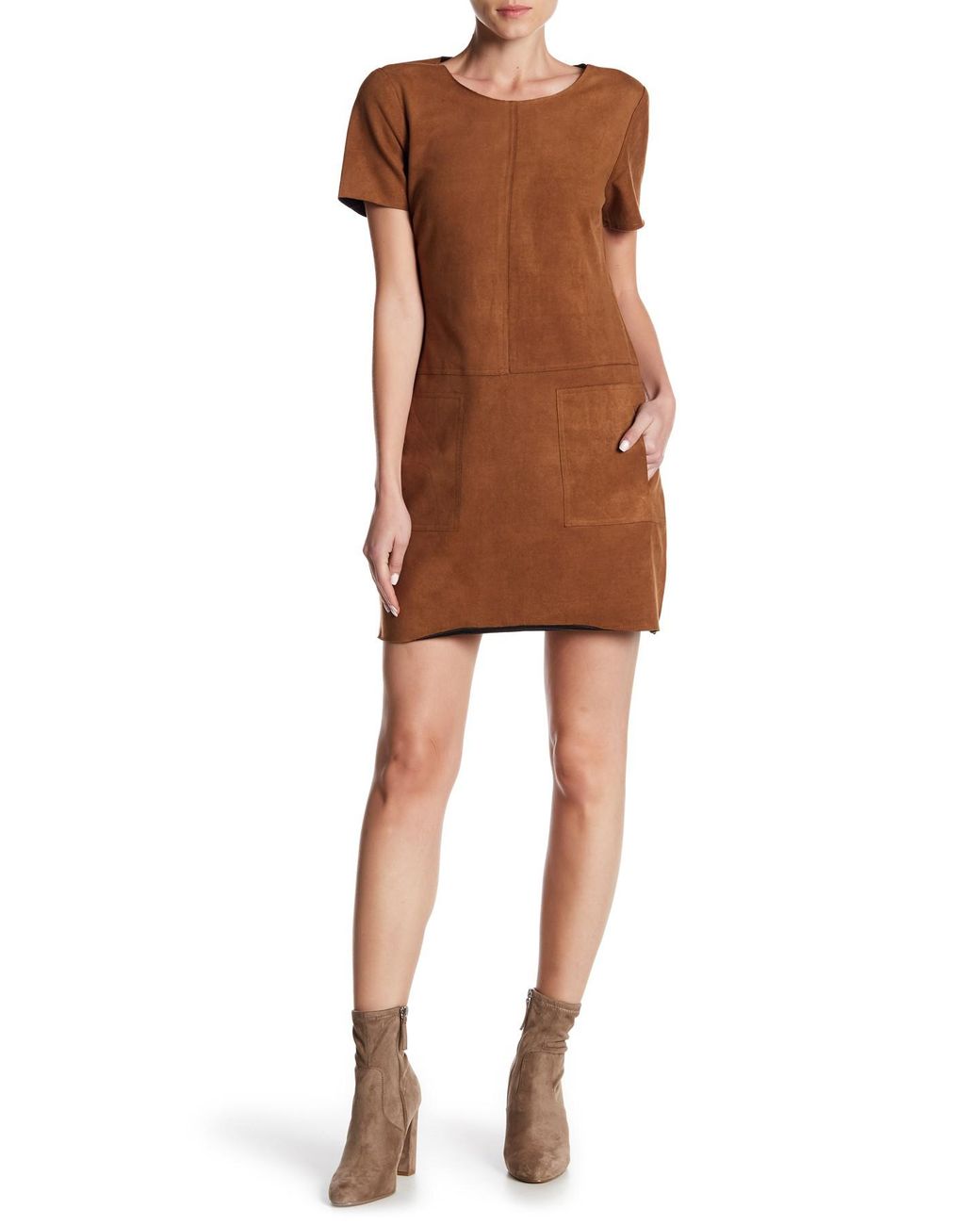 Dex Short Sleeve Faux Suede Dress in Brown | Lyst