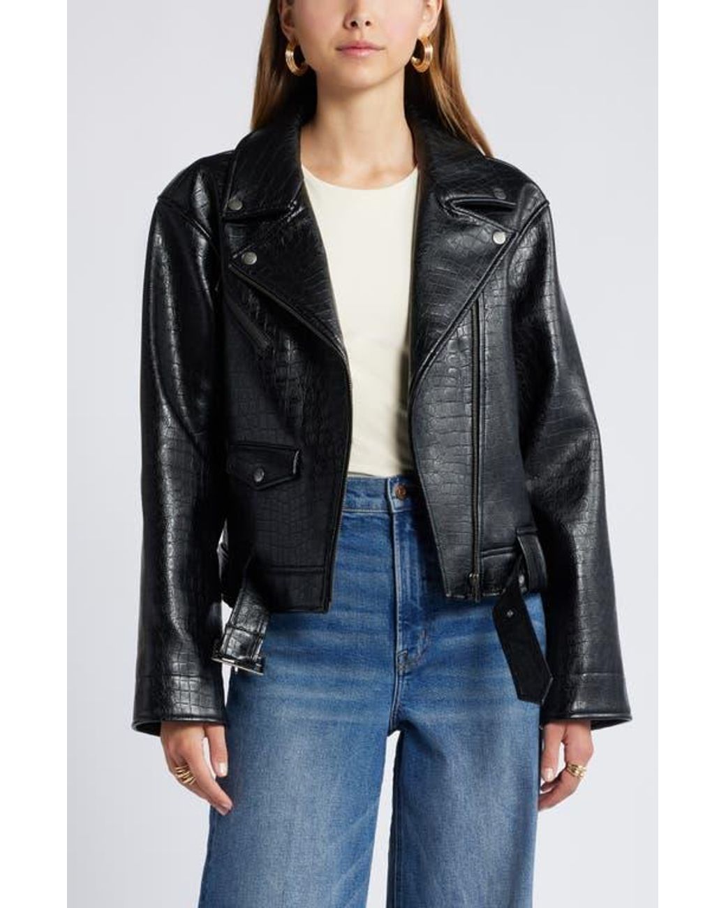Open Edit Belted Oversize Croc Embossed Faux Leather Moto
