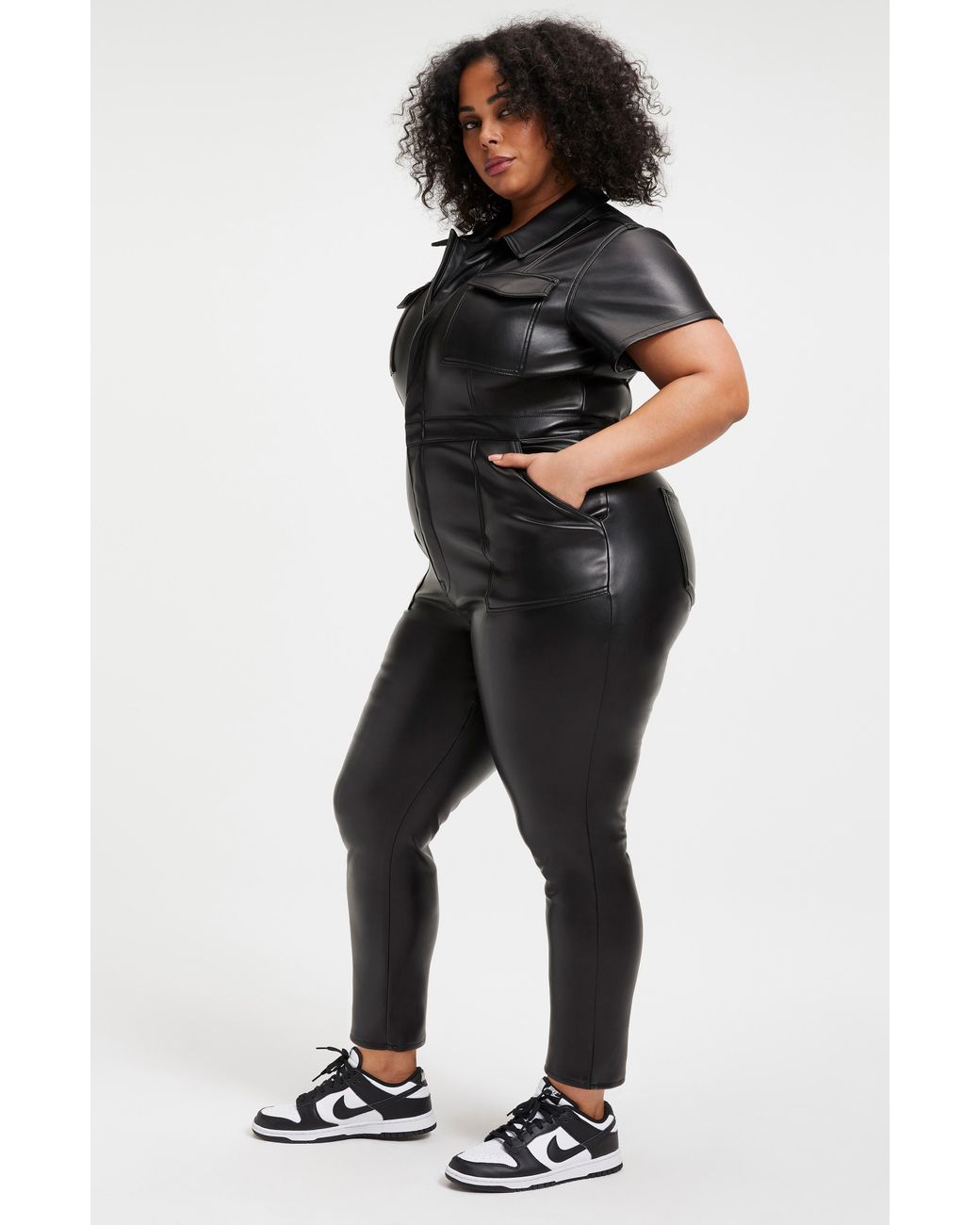 GOOD AMERICAN Fit For Success Faux Leather Jumpsuit in Black