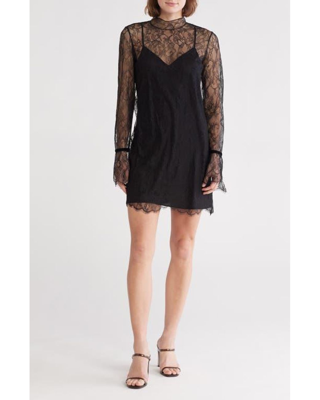 FRAME Semisheer Long Sleeve Lace Shift Dress in Black | Lyst