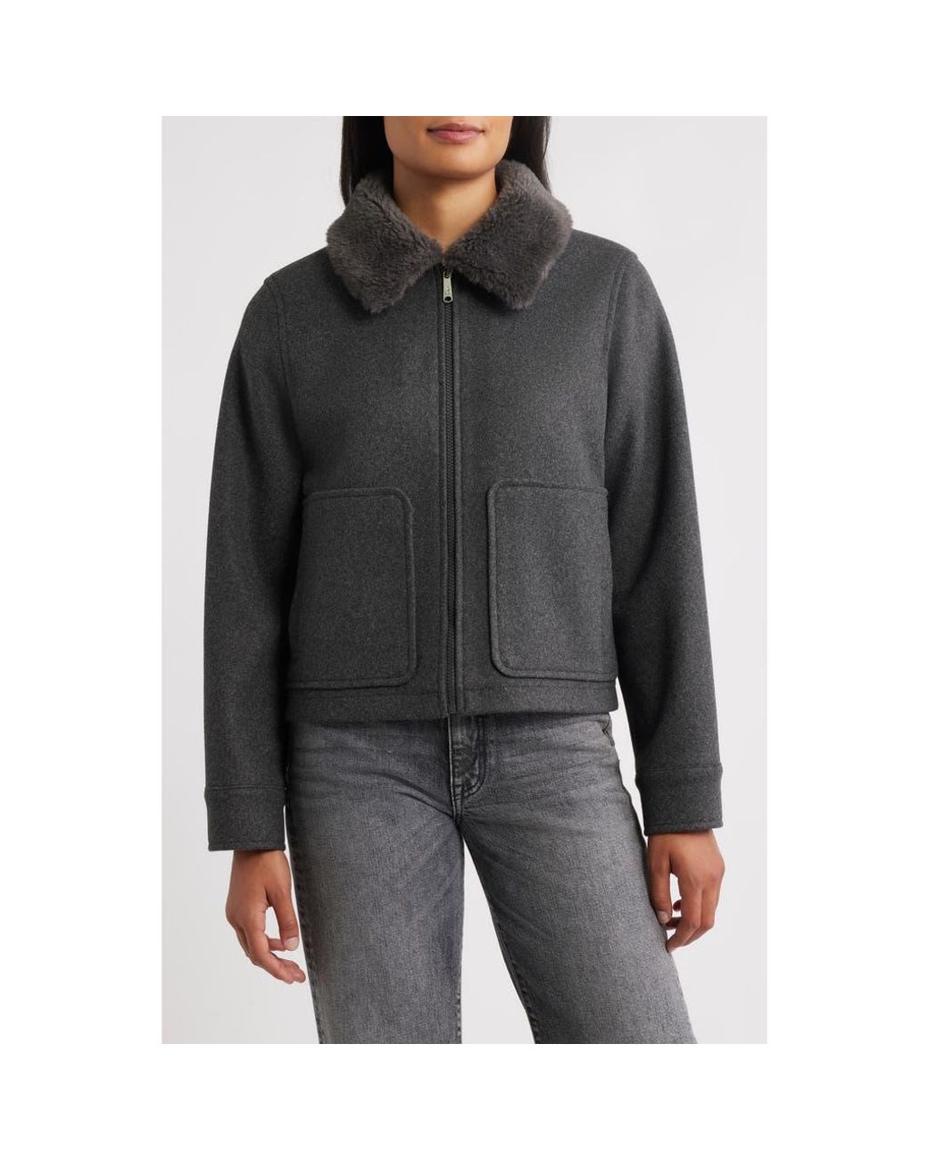 Sam Edelman Jacket Sam Edelman Faux Fur Collar Zip-Up Jacket in Black | Lyst