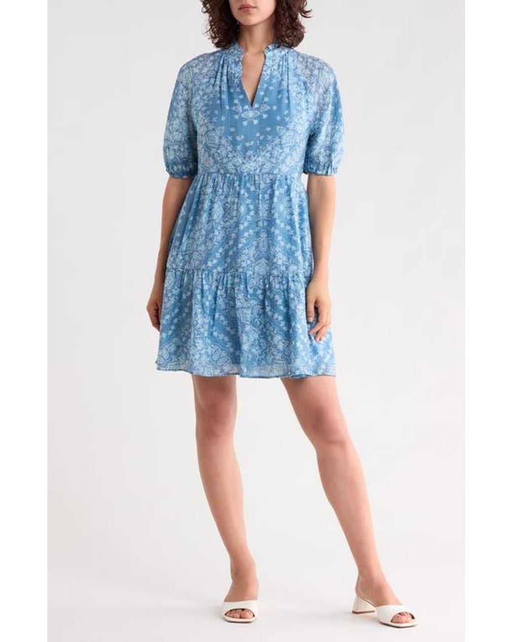 Halogen® Blue Tiered Split Neck Dress