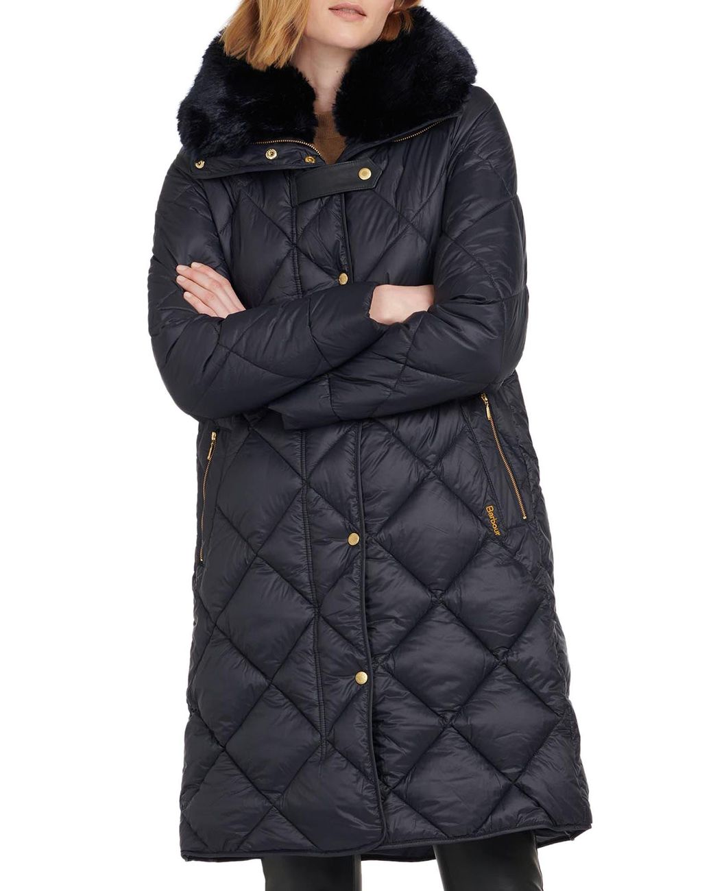 Barbour Ballater Diamond Quilted Coat With Faux Fur Trim In Dk Navy/navy At  Nordstrom Rack in Black | Lyst
