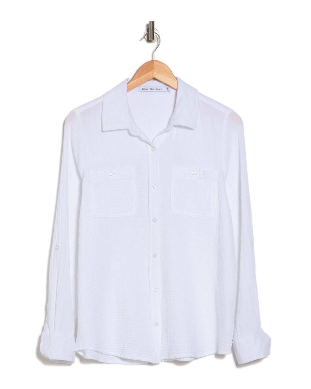 Calvin Klein Roll Sleeve Cotton Gauze Buttonup Shirt in White Lyst