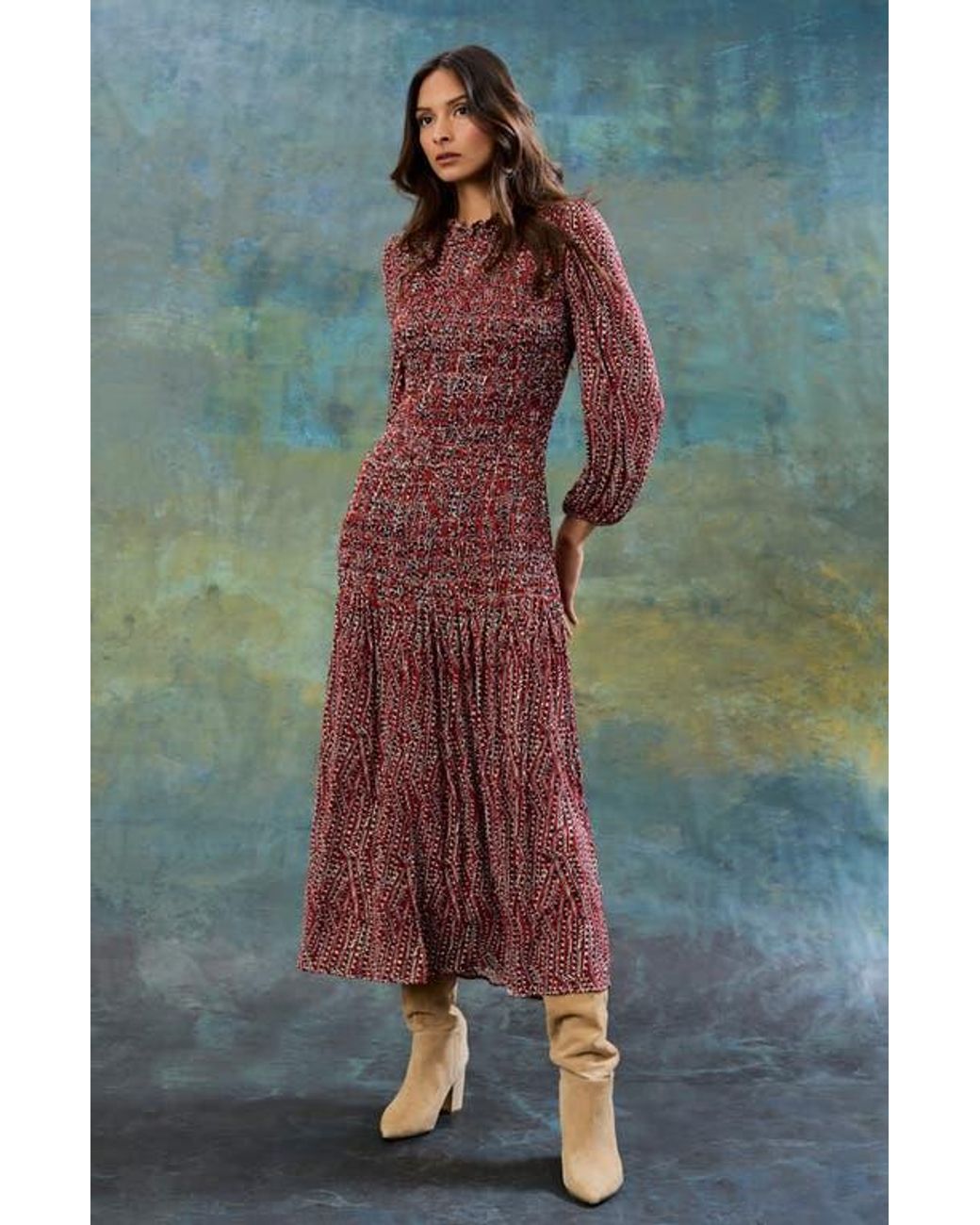 The Good Journey Smocked Long Sleeve Maxi Dress in Red | Lyst
