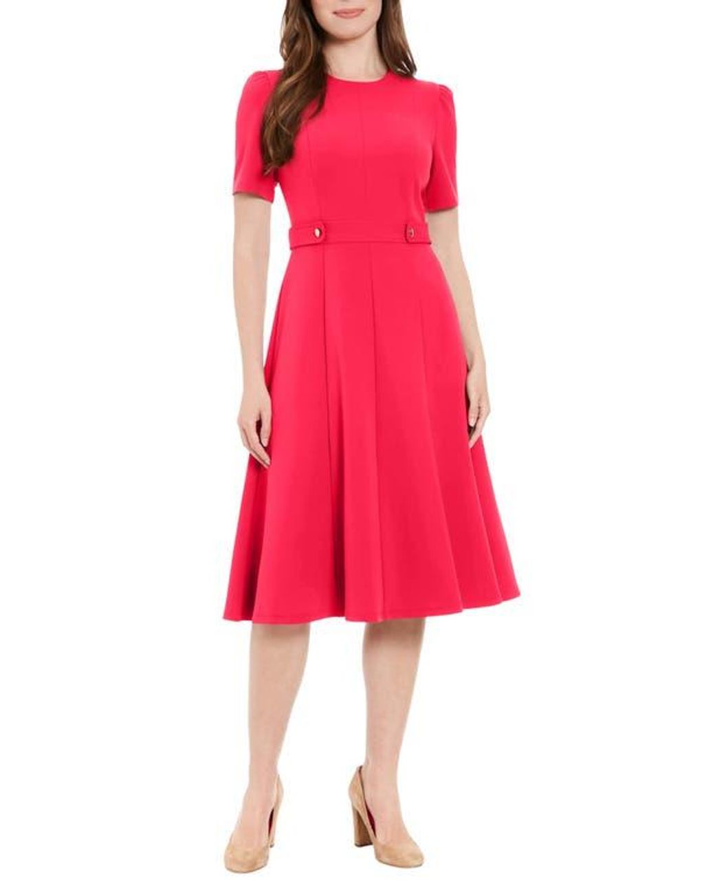London Times Short Puff Sleeve Fit & Flare Dress in Red | Lyst