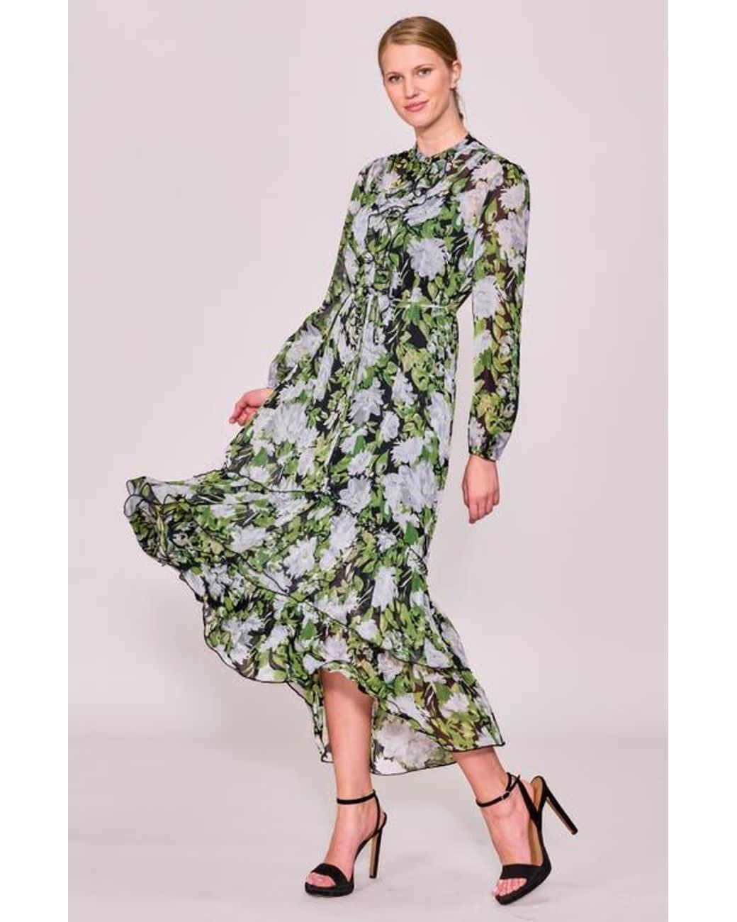 MELLODAY Long Sleeve Ruffle Chiffon Dress in Green | Lyst