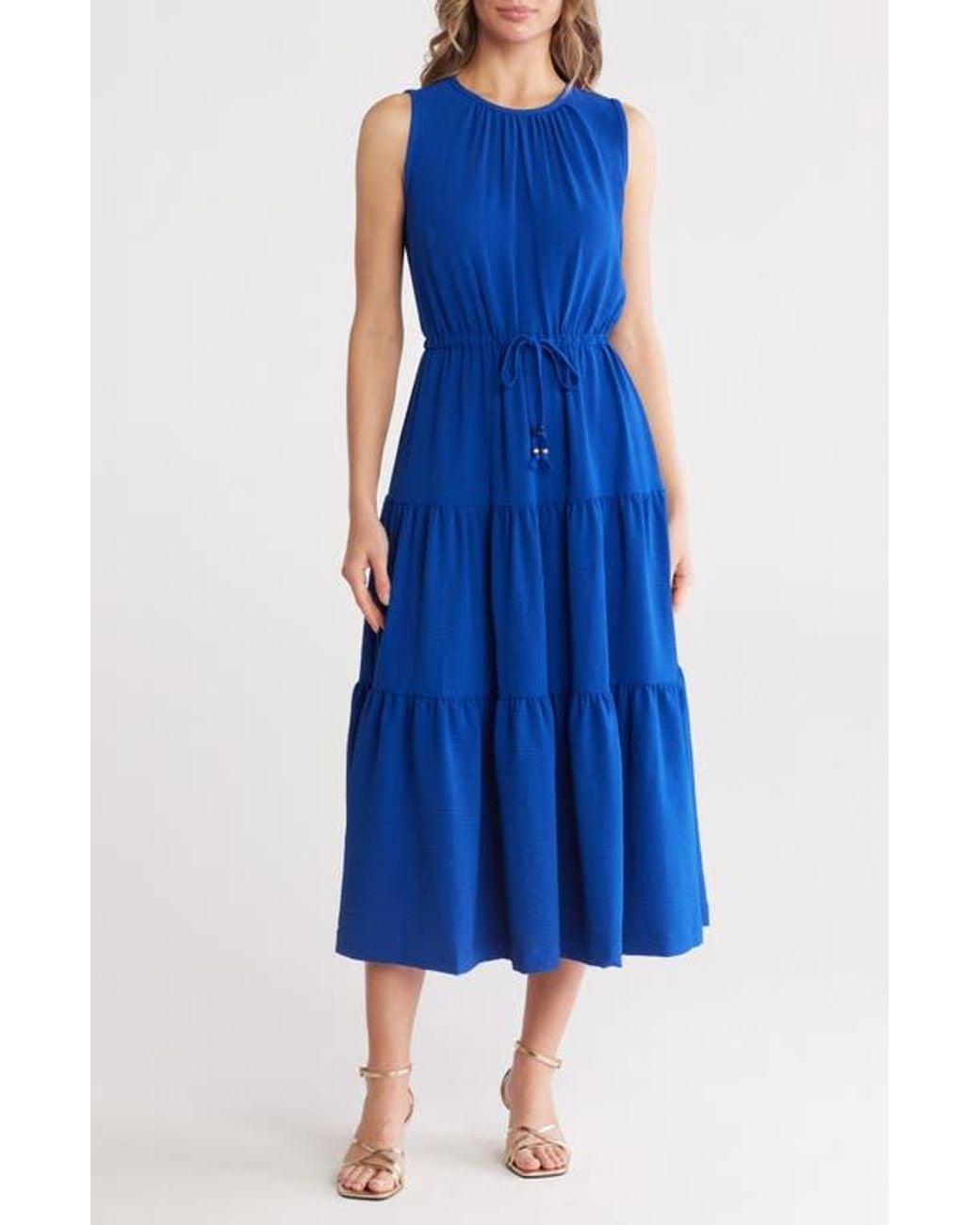 Calvin Klein Sleeveless Tiered A-Line Midi Dress in Blue | Lyst