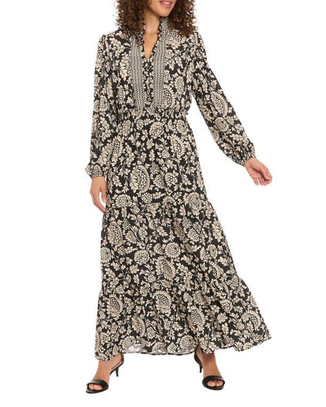 London Times Long Sleeve Bubble Crepe Tiered Maxi Dress | Lyst