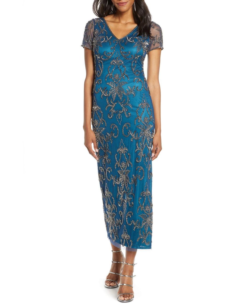 Pisarro Nights V-neck Beaded Mesh Column Gown in Blue | Lyst