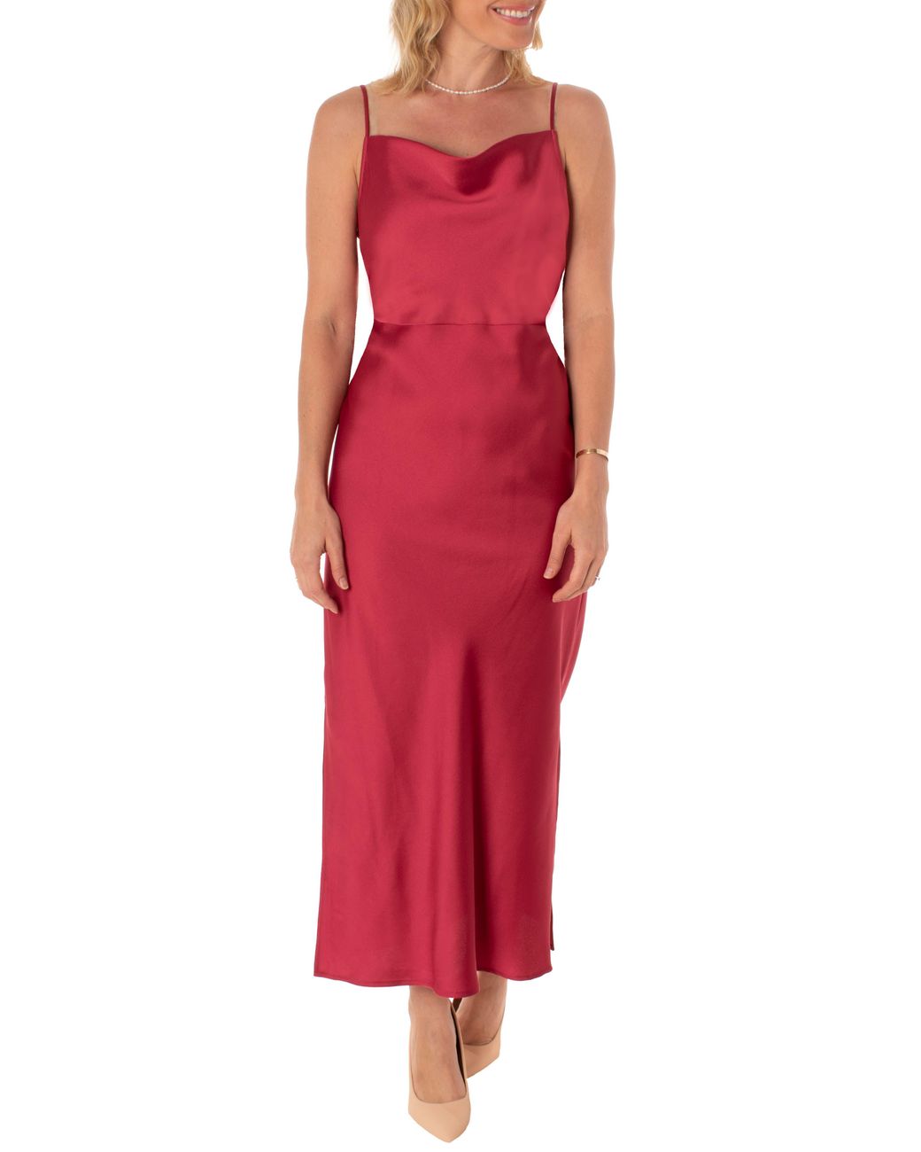 Taylor Dresses Cowl Neck Satin Maxi Dress In Vivid Burgundy At