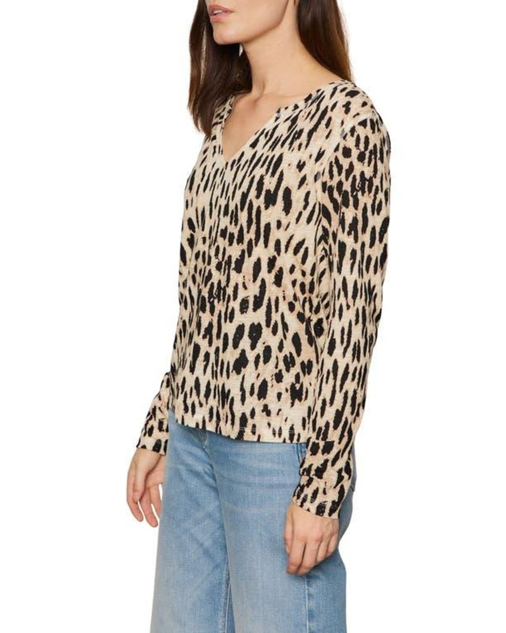 Sanctuary Black Print Split Neck Knit Top