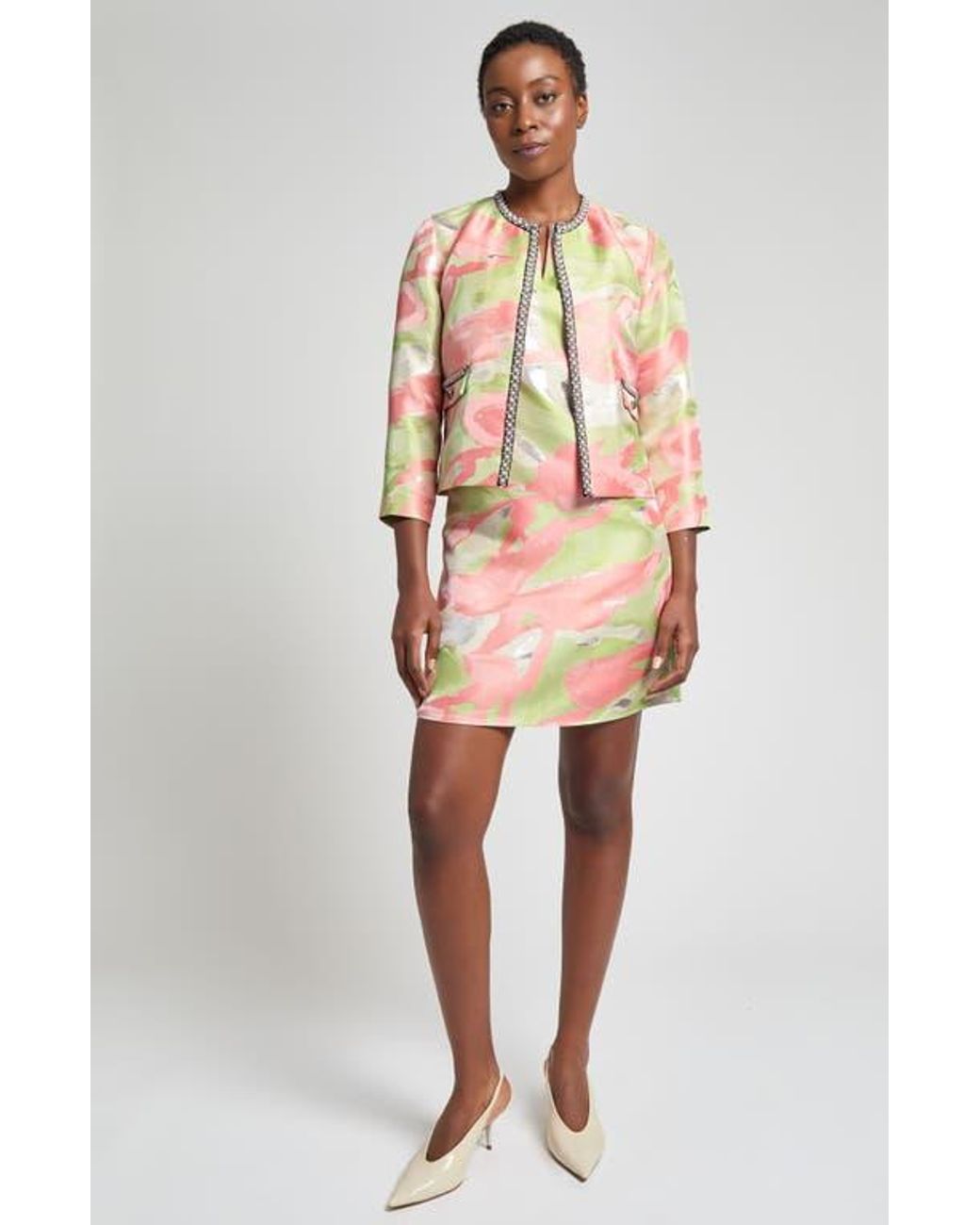 Ming Wang Pink Beaded Abstract Jacquard Jacket