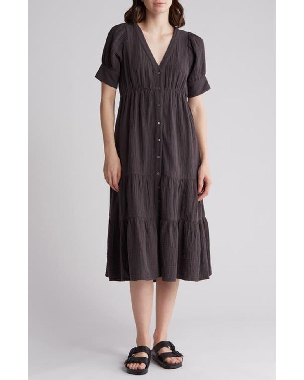 madewell button front tiered midi dress Button-Front Tiered Midi Dress: Undyed Gingham Edition