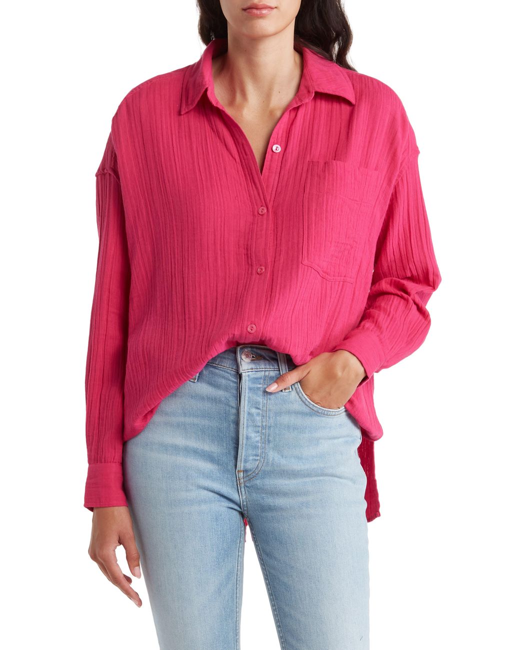Trina Turk Nonchalant Cotton Gauze Buttonup Shirt in Red Lyst