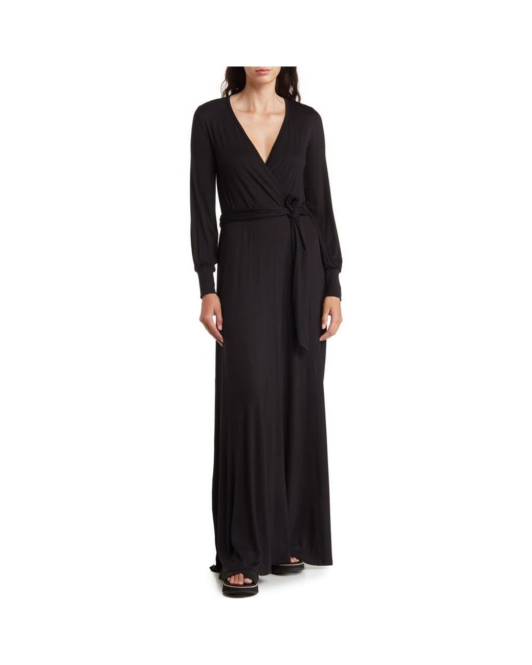 Go Couture Long Sleeve Maxi Wrap Dress in Black | Lyst