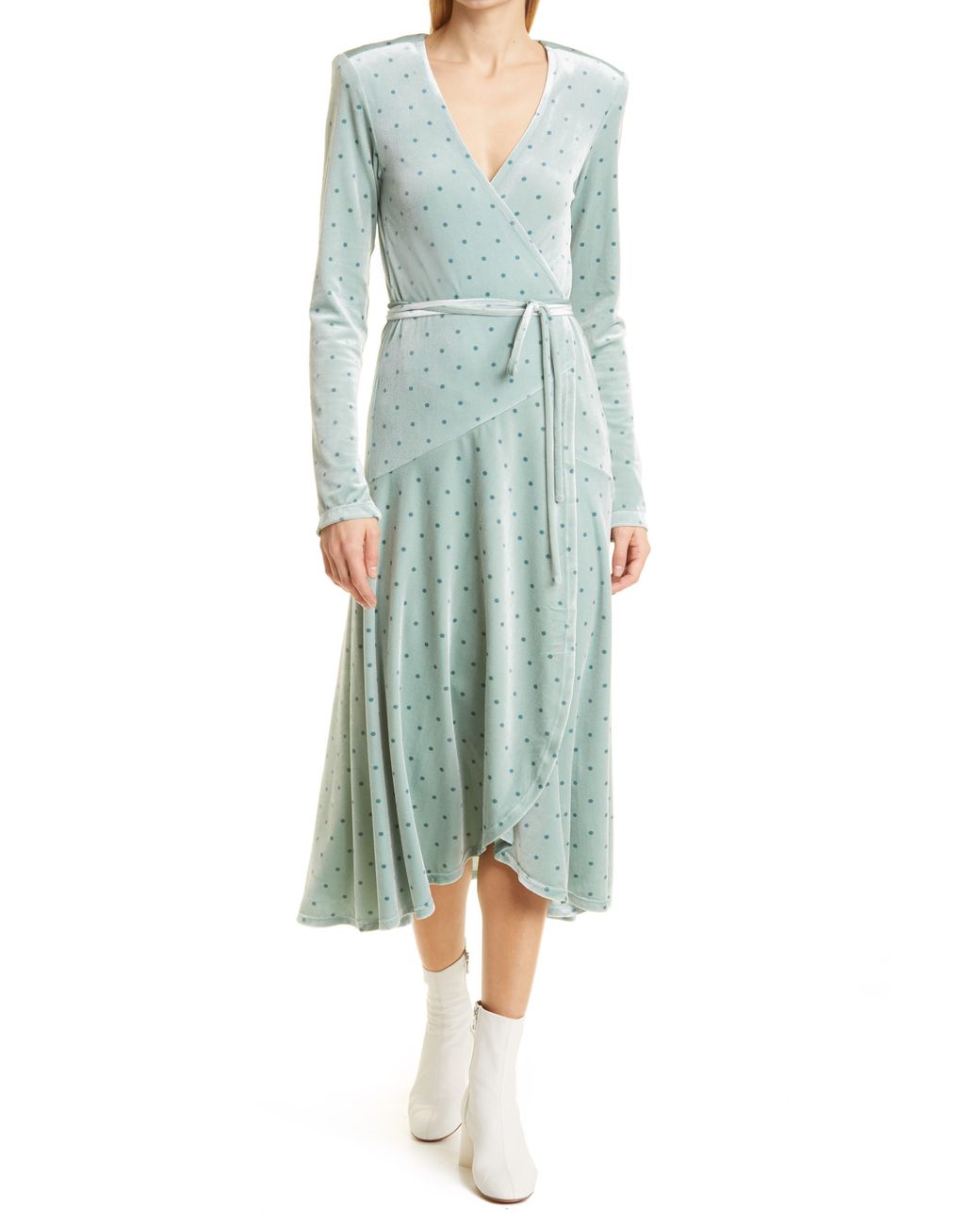 ROTATE BIRGER CHRISTENSEN Polka Dot Long Sleeve Velvet Wrap Dress In