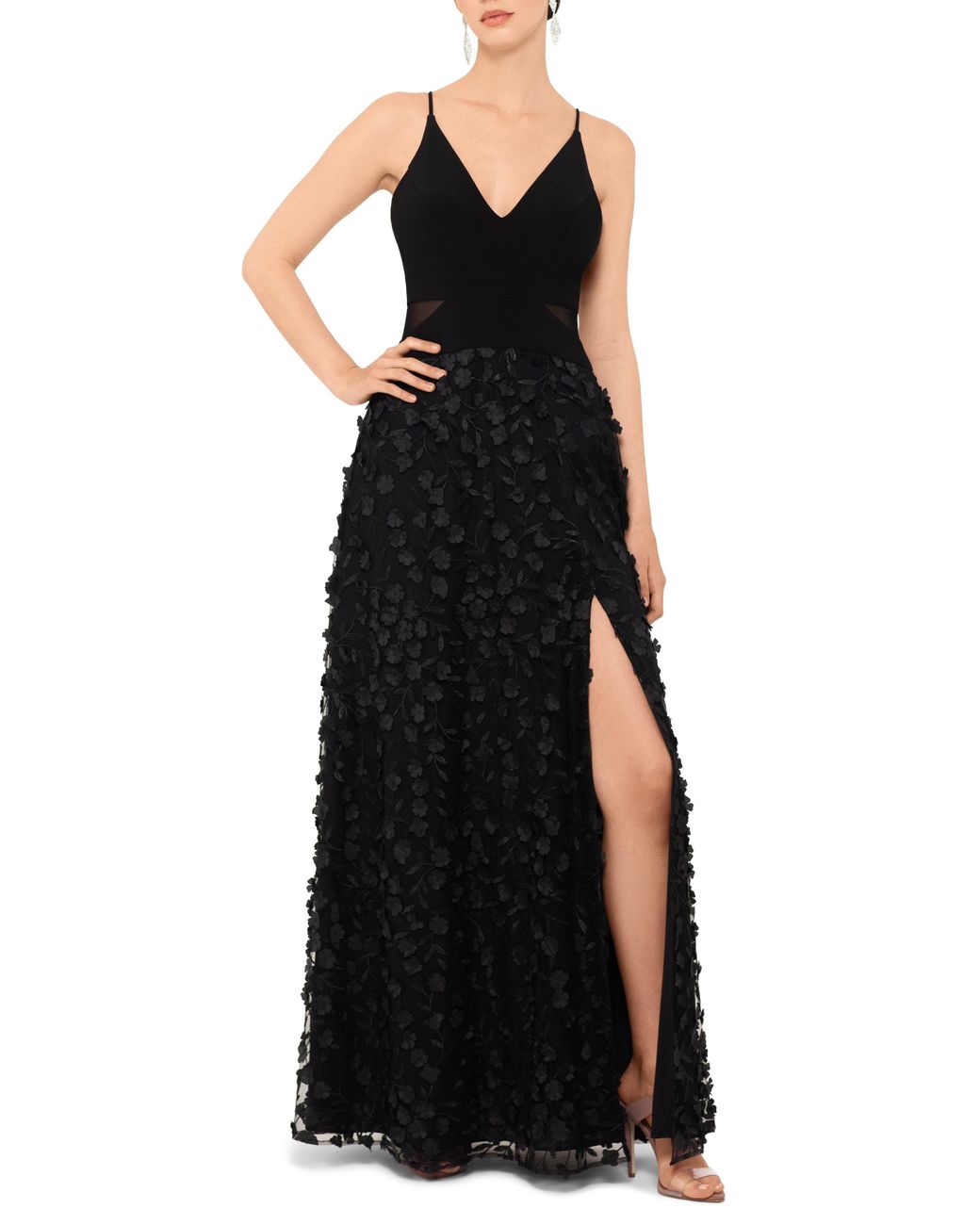 Xscape Floral Appliqué Gown In Black/blk At Nordstrom Rack Lyst