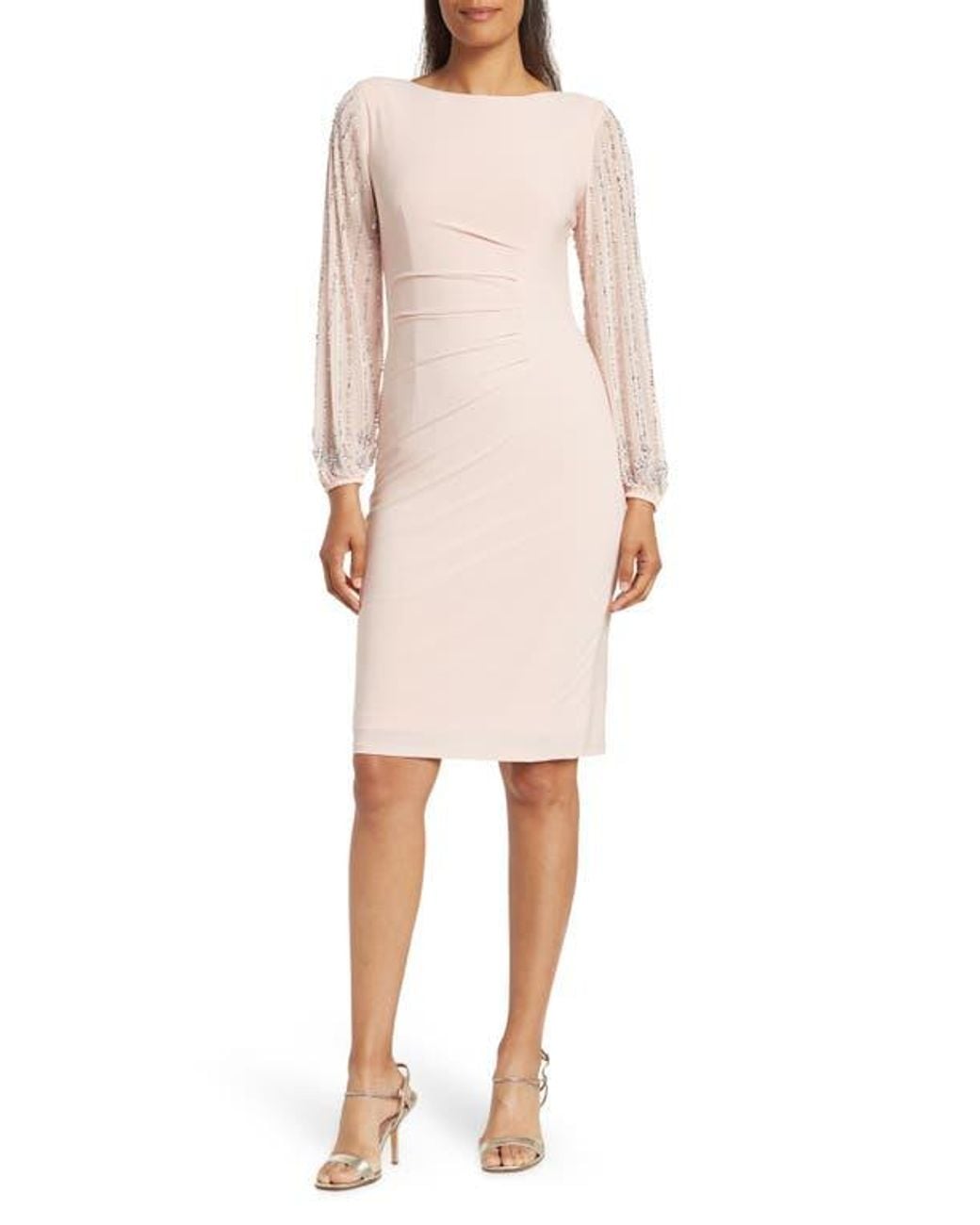 Marina Beaded Long Sleeve Sheath Dress in Natural | Lyst
