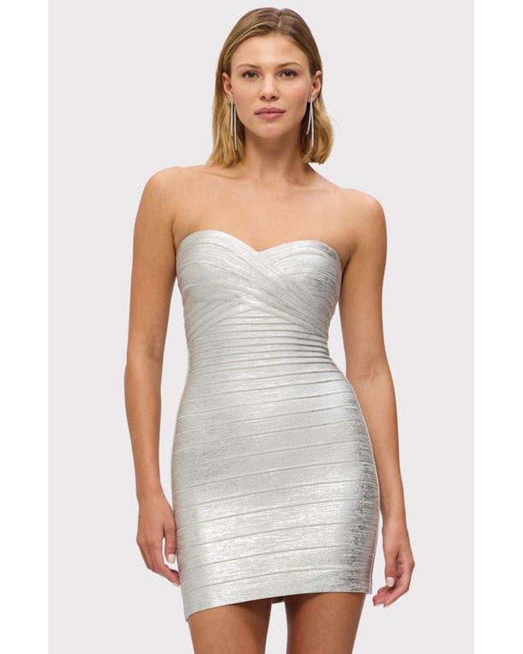 knee length dresses for ladies ICON METALLIC BANDAGE BUSTIER MINI DRESS – HERVÉ LÉGER