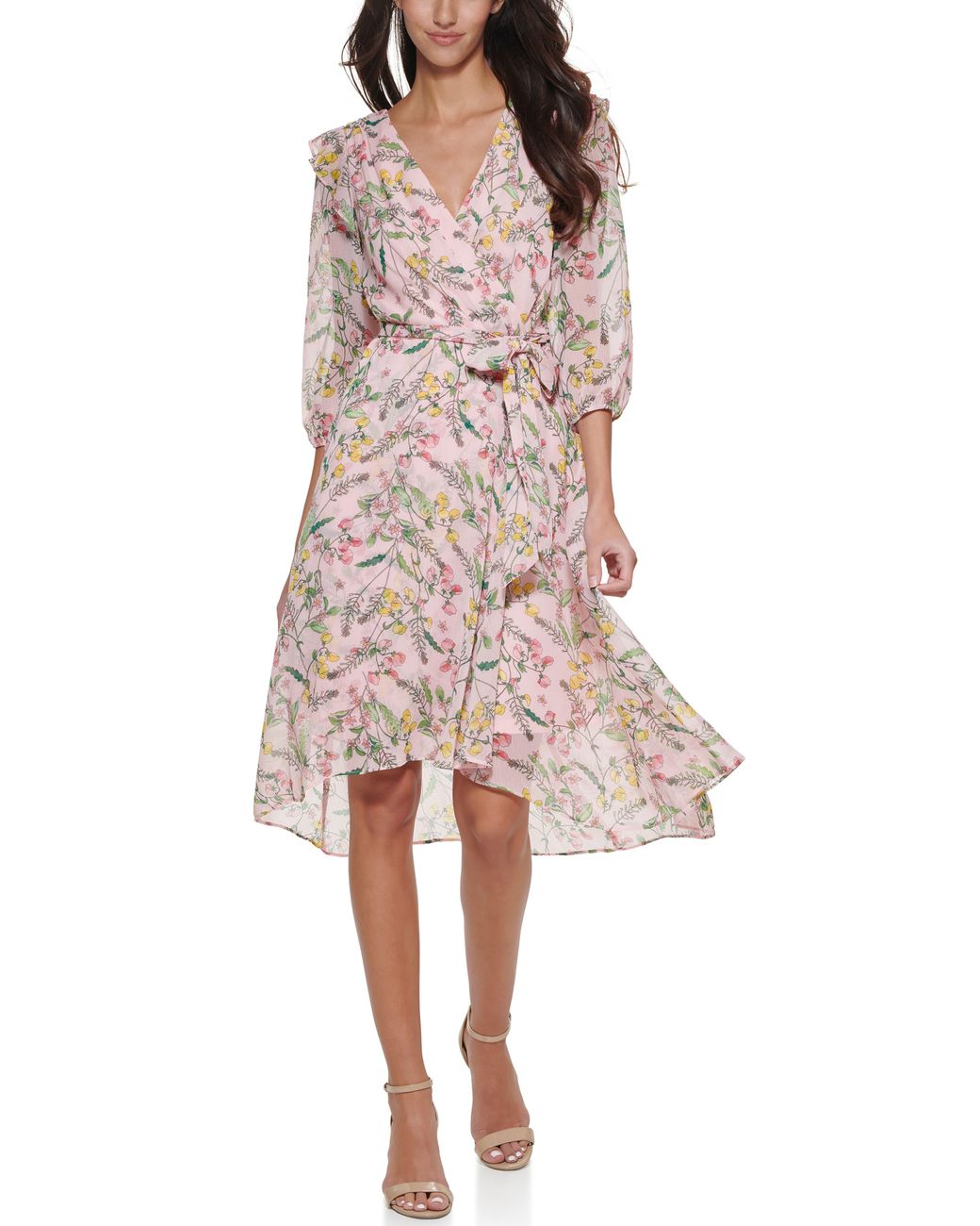 Tommy Hilfiger Salon Floral 3 4 Sleeve Faux Wrap Dress In