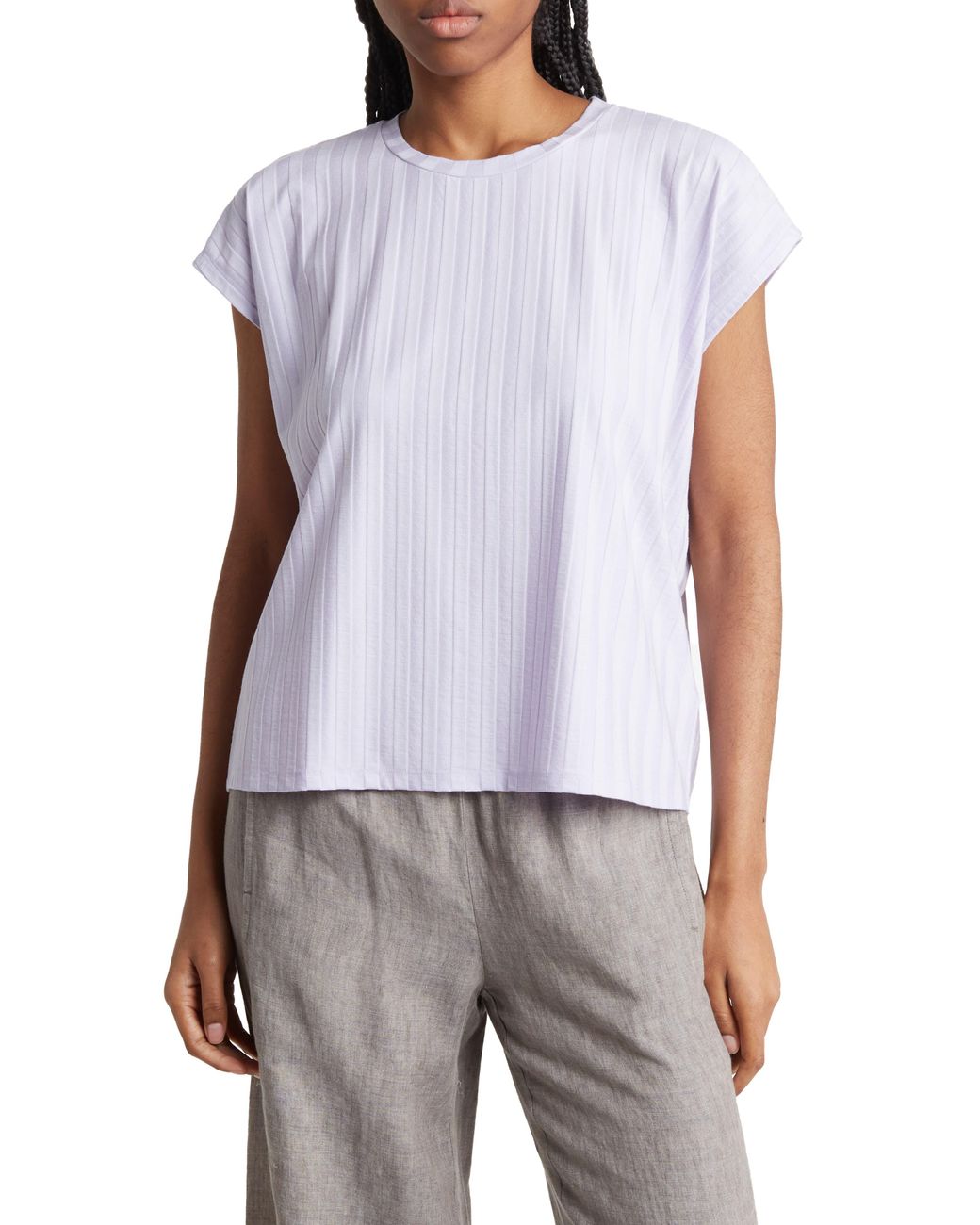 Eileen Fisher Crewneck Boxy Ribbed Top in White | Lyst
