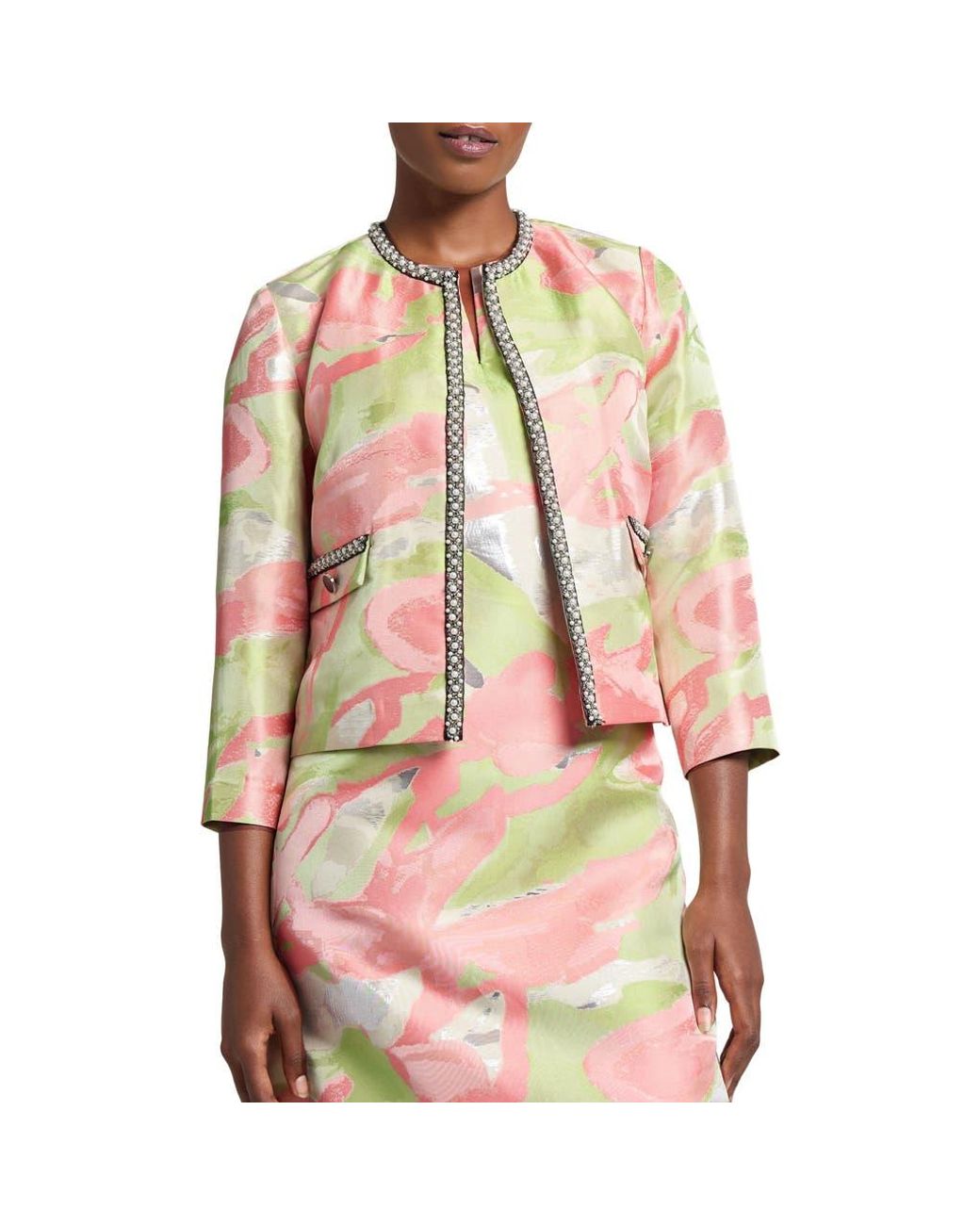 Ming Wang Pink Beaded Abstract Jacquard Jacket
