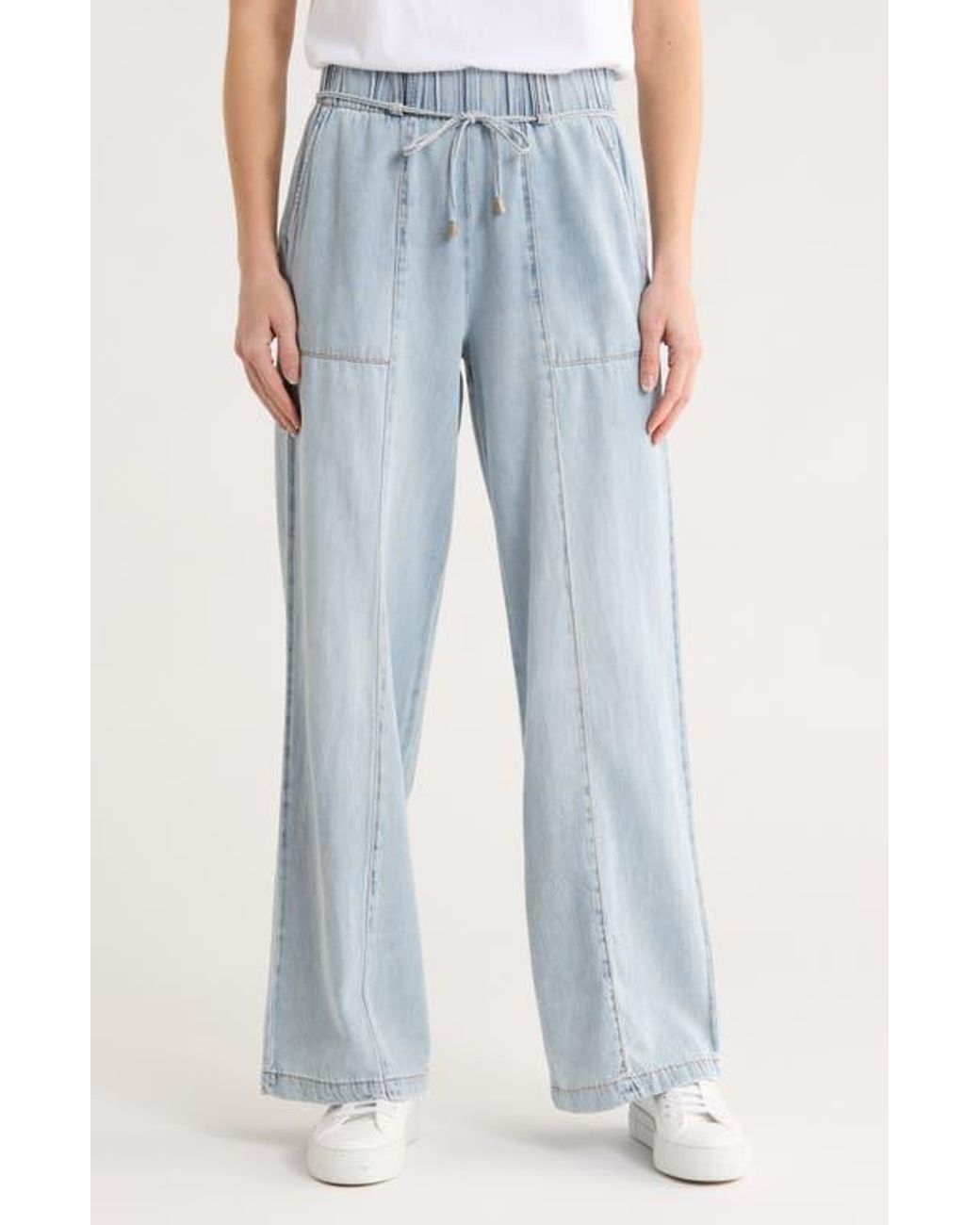 Kensie Drapey High Waist Tie Wide Leg Jeans in Blue | Lyst
