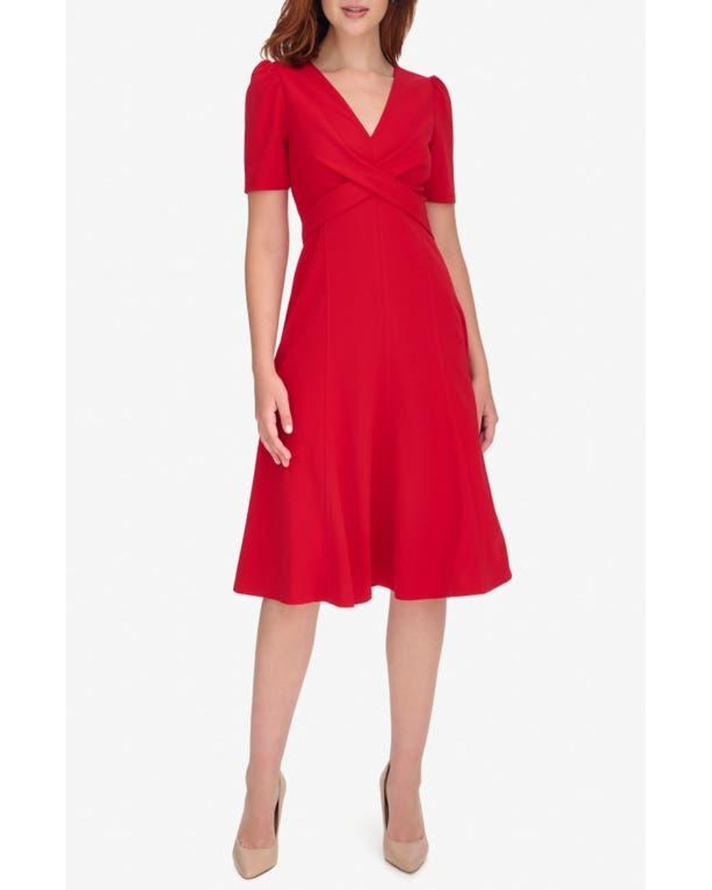 tommy hilfiger scuba fit & flare dress Tommy Hilfiger Crossover Scuba Fit And Flare Midi Dress in Red