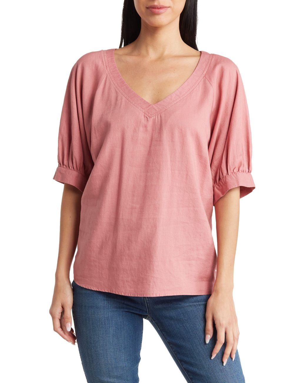 Matty M Vneck Raglan Sleeve Linen Blend Top in Red Lyst