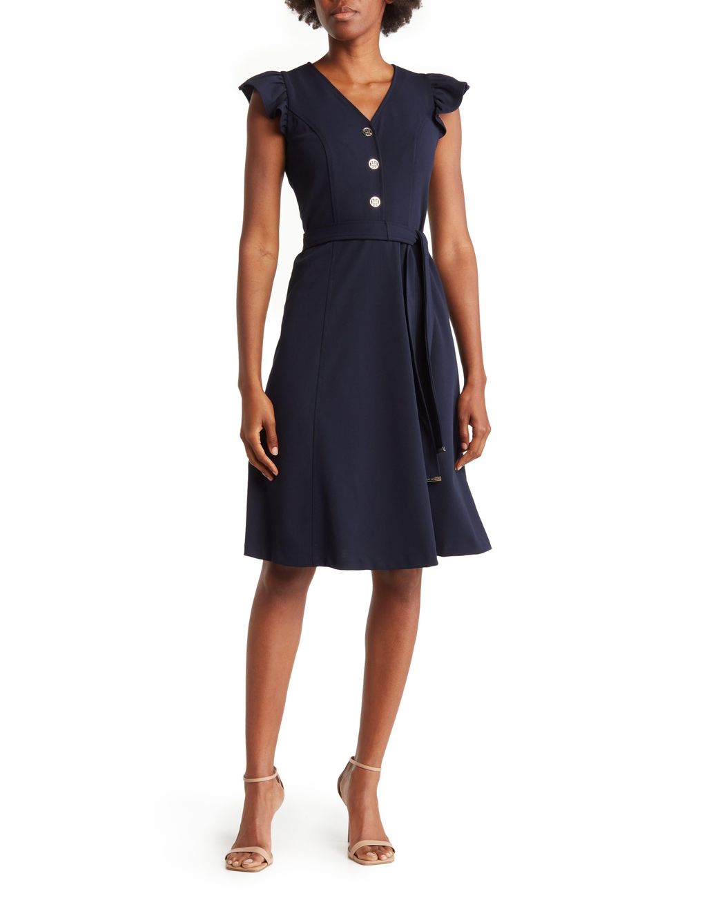 Tommy Hilfiger Flutter Sleeve Scuba Crepe Midi Dress In Sky Captain At