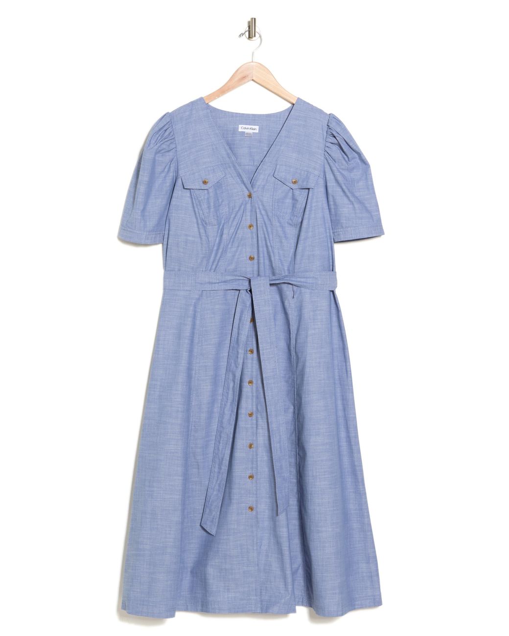 Calvin Klein Short Sleeve Button Front Cotton Dress in Blue Lyst