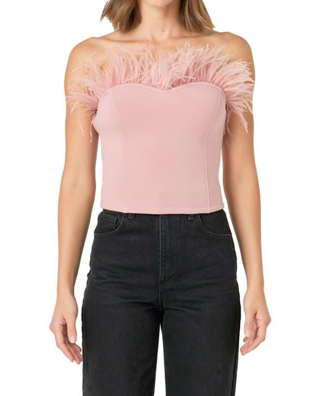 Endless Rose Red Feather Trim Strapless Top