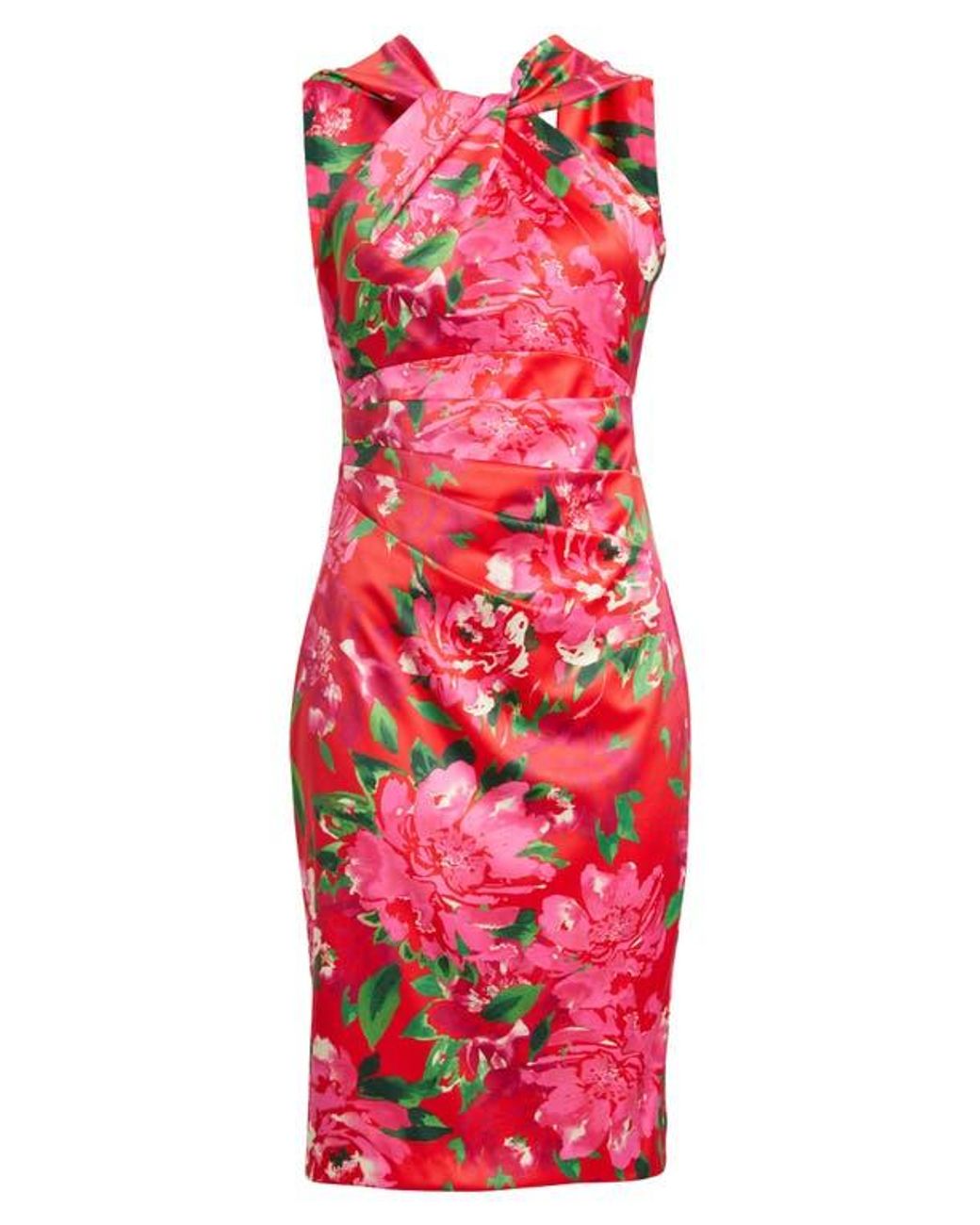 Eliza J Floral Print Twist Neck Sheath Dress in Red | Lyst