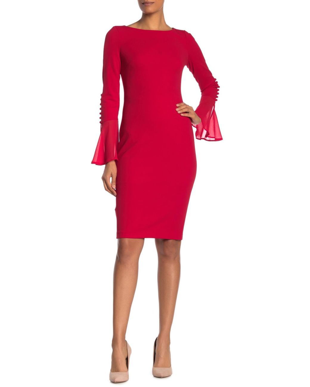 Calvin Klein Chiffon-bell-sleeve Sheath Dress in Red | Lyst