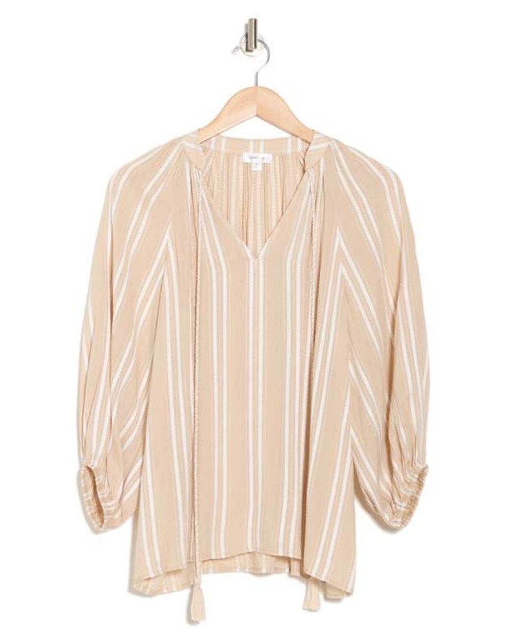 Gemma Jane Natural Stripe Woven Split Neck Top