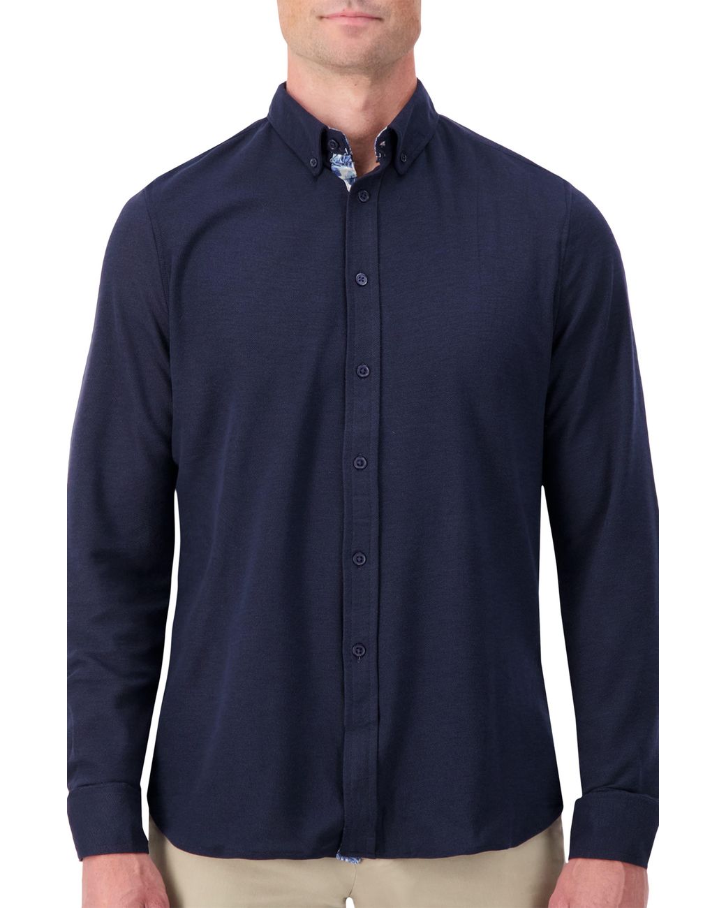Report Collection Leo Long Sleeve Hidden Buttondown Knit Shirt in Blue