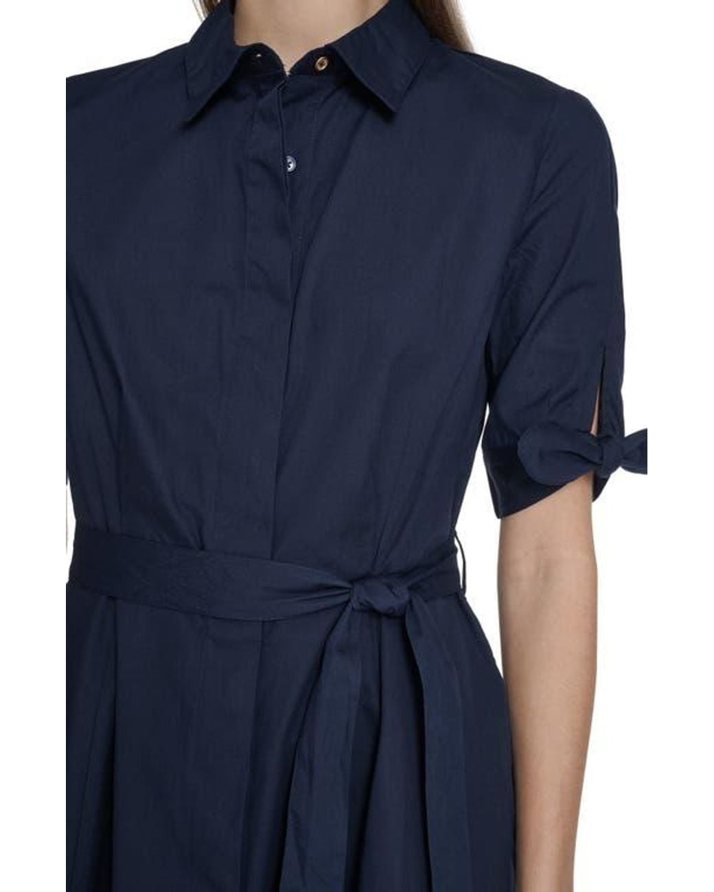 Calvin Klein Blue Solid Cotton Shoulder Tie Shirtdress