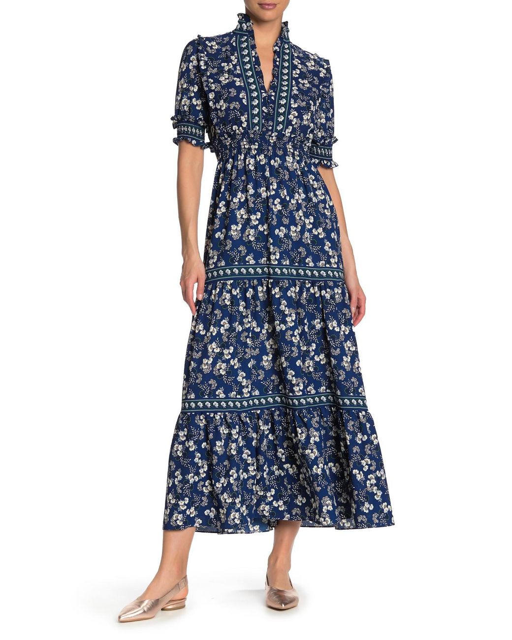 Max Studio Elbow Length Sleeve Print Tiered Maxi Dress in Blue Lyst