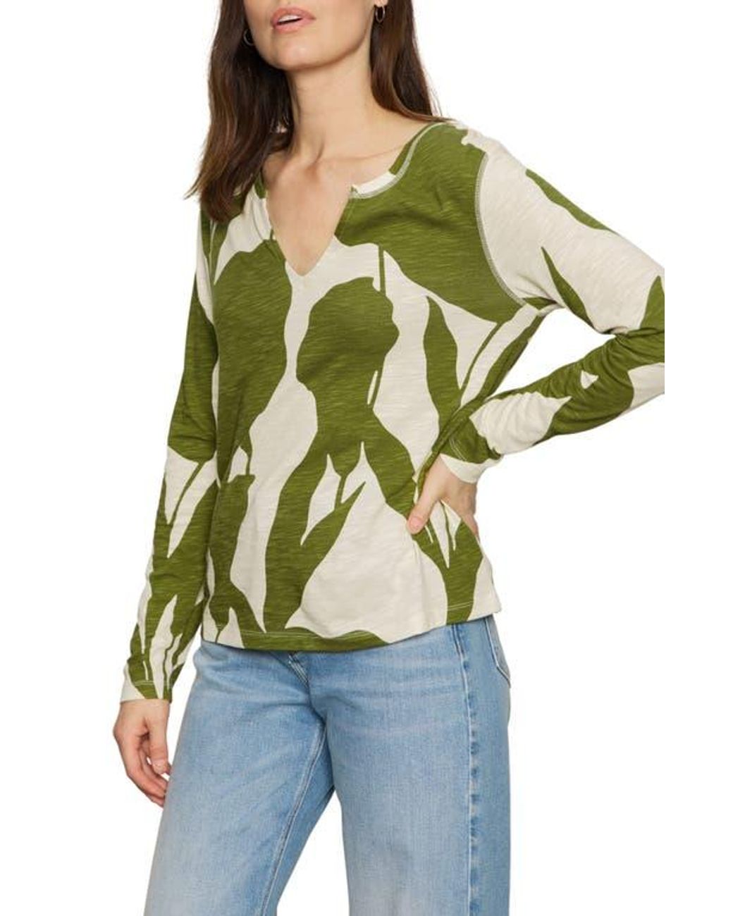 Sanctuary Green Print Split Neck Knit Top