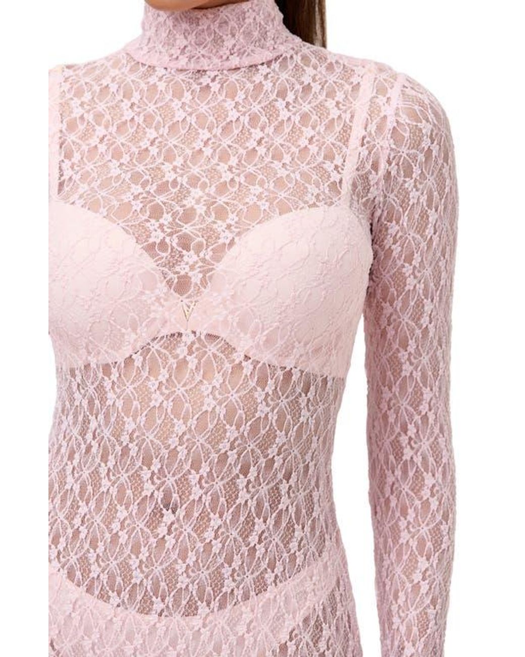 Naked Wardrobe Floral Long Sleeve Stretch Lace Turtleneck Maxi Dress in  Pink | Lyst