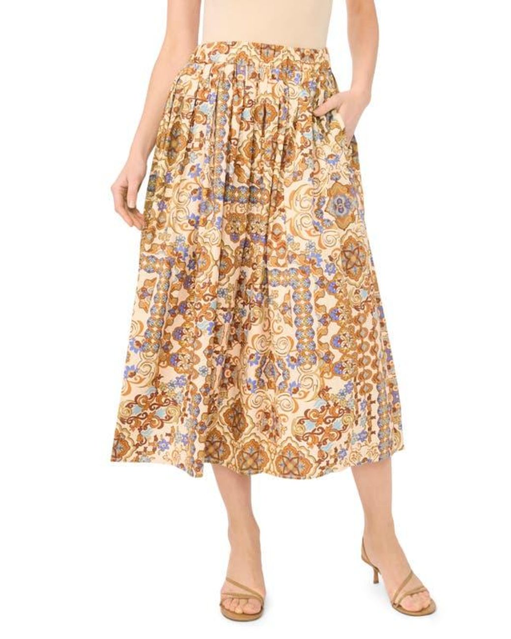 Halogen® Bandana Print Cotton Midi Skirt in Natural | Lyst