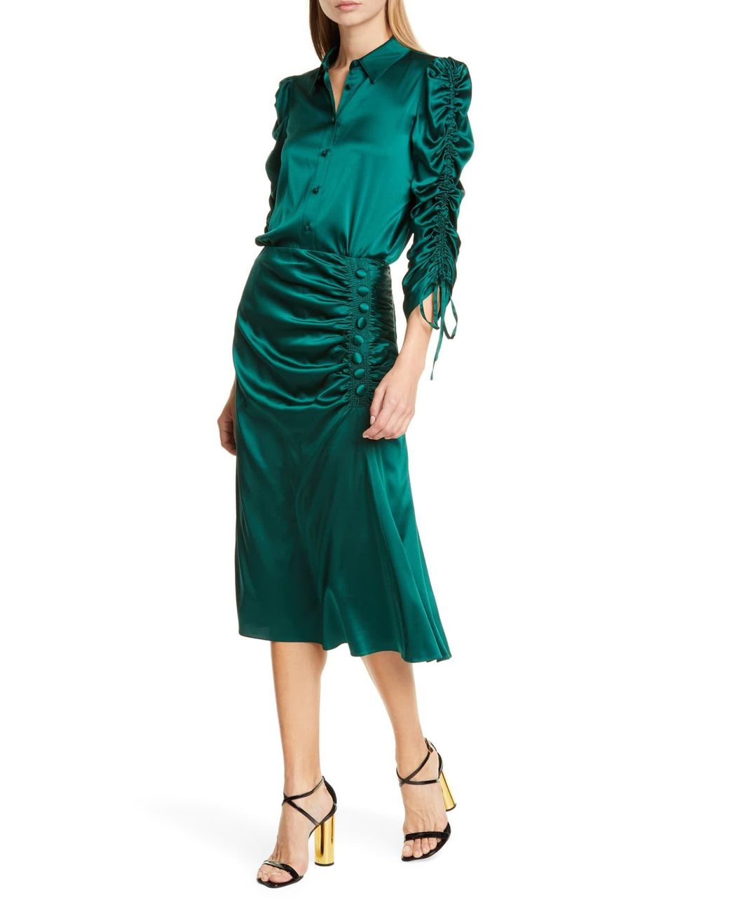 Veronica Beard Lillian Ruched Stretch Silk Satin Blouse in Green | Lyst