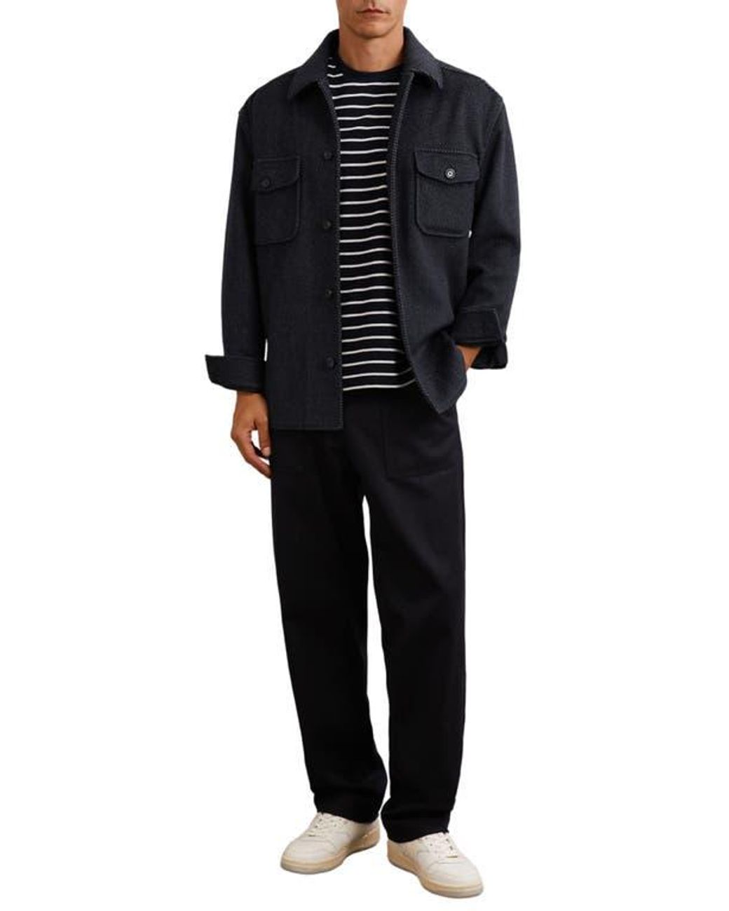 Reiss Black Compton Herringbone Wool Blend Shirt Jacket for men