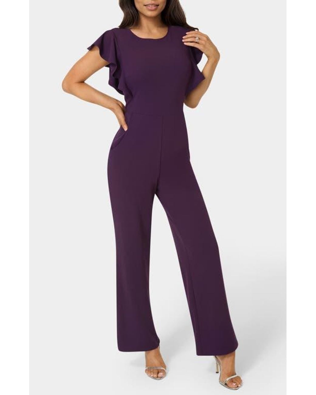 Bebe Purple Ruffle Scuba Jumpsuit