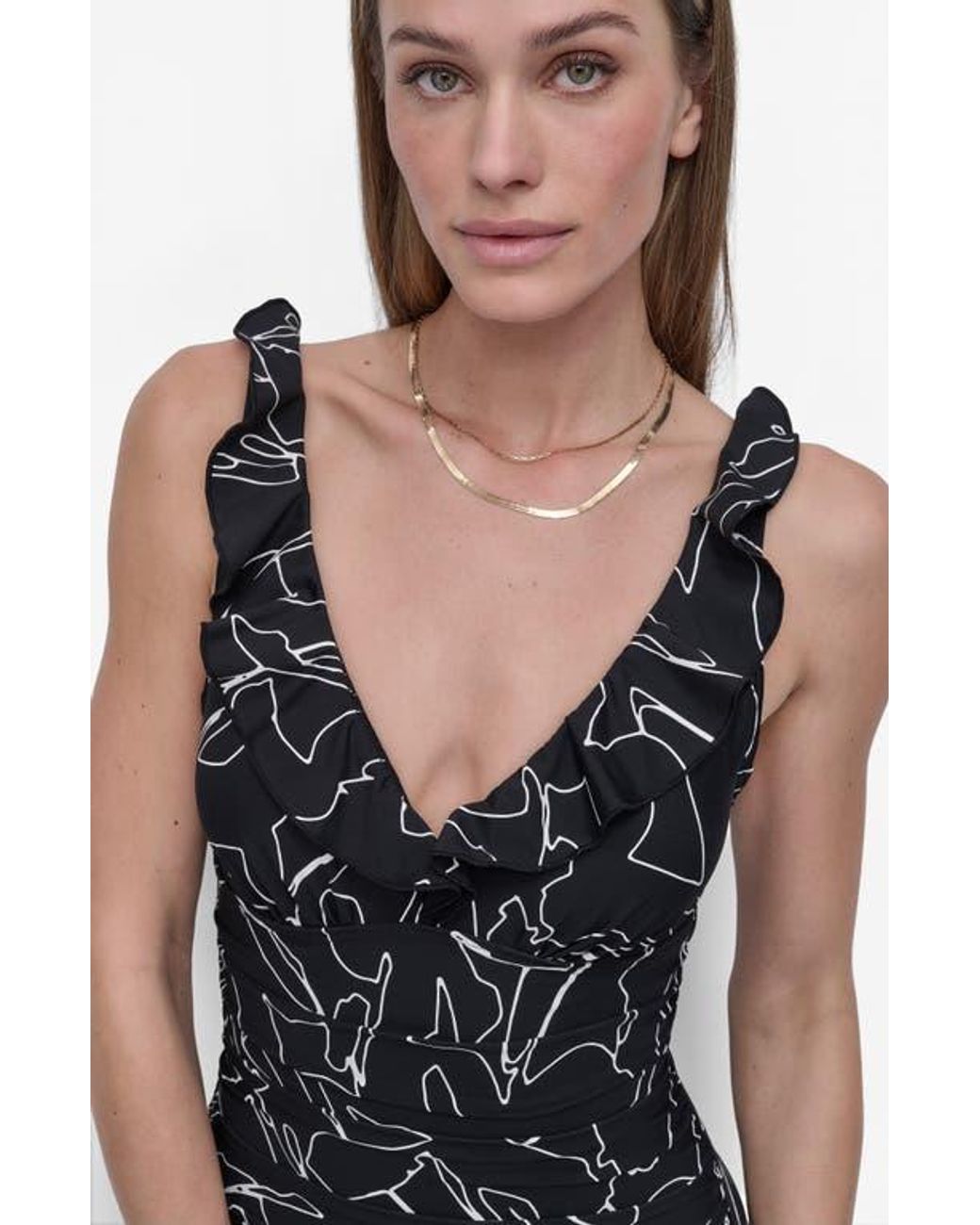 DKNY Black Ruffle Plunge Neck One-Piece Swimsuit