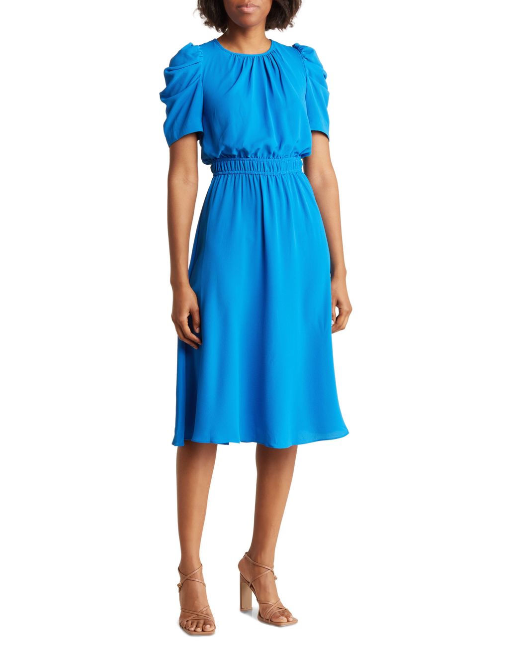 London Times Shirred Puff Sleeve Midi Dress in Blue Lyst